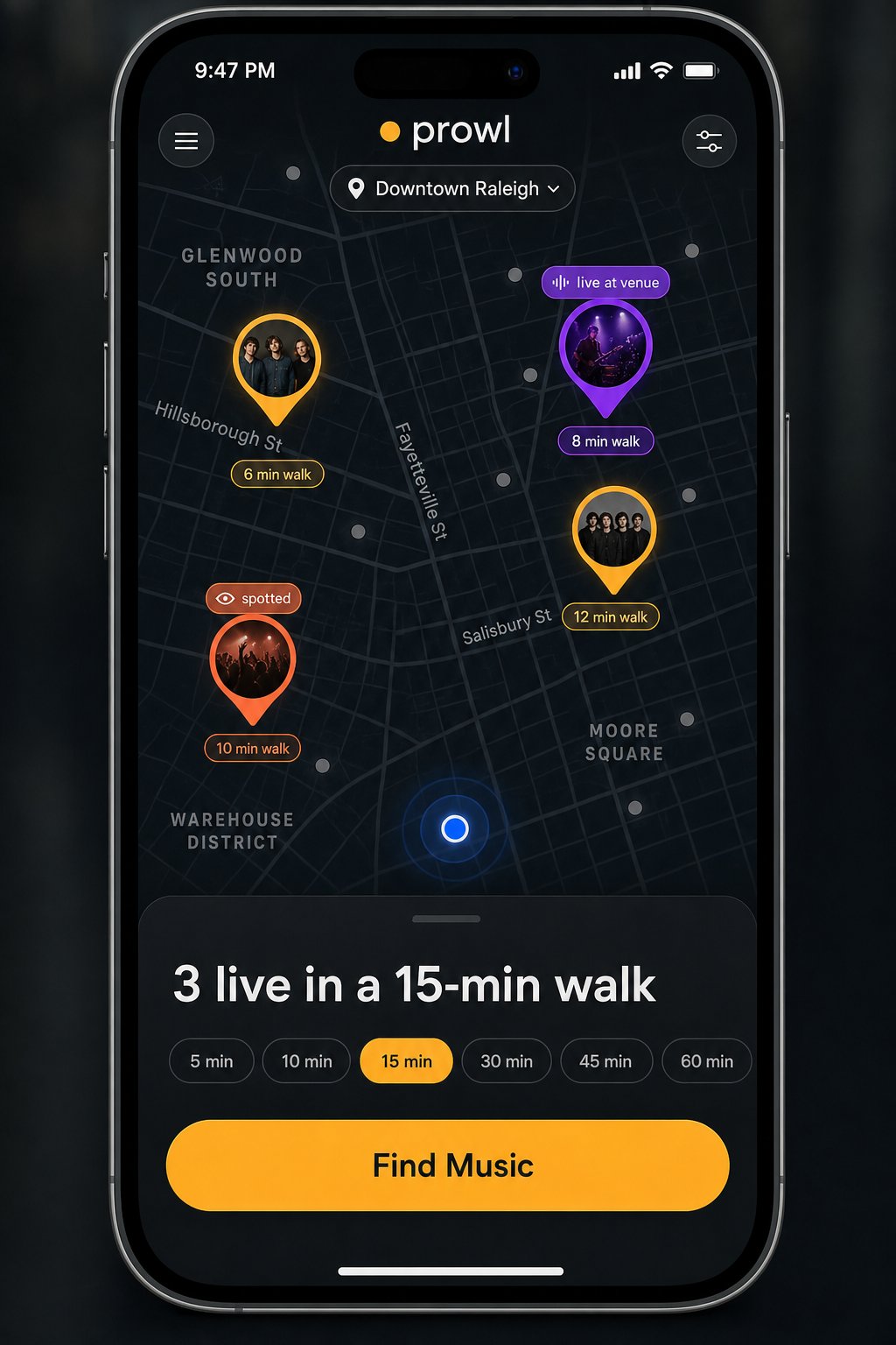 Prowl Find Music screen showing live music pins on a map