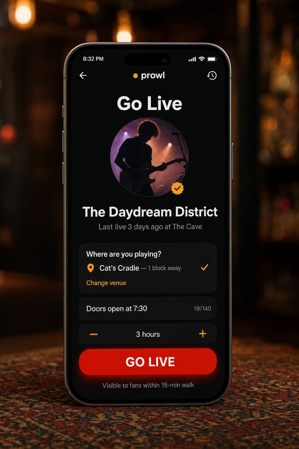 Go Live broadcast screen with venue picker and duration controls